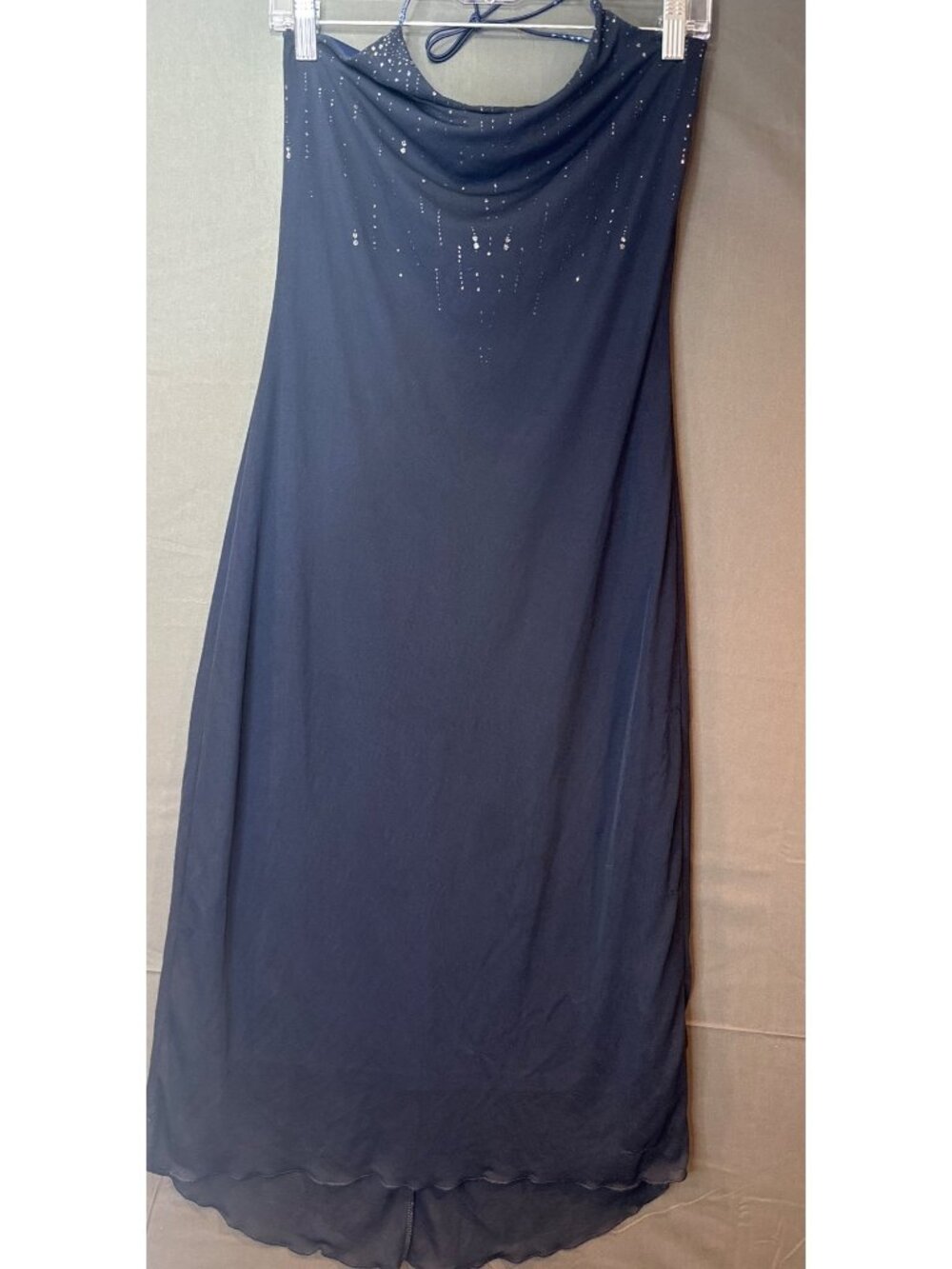 Vintage 90s Byer Too M Navy Rhinestone Halter Maxi Dress Cowl Neck Made USA